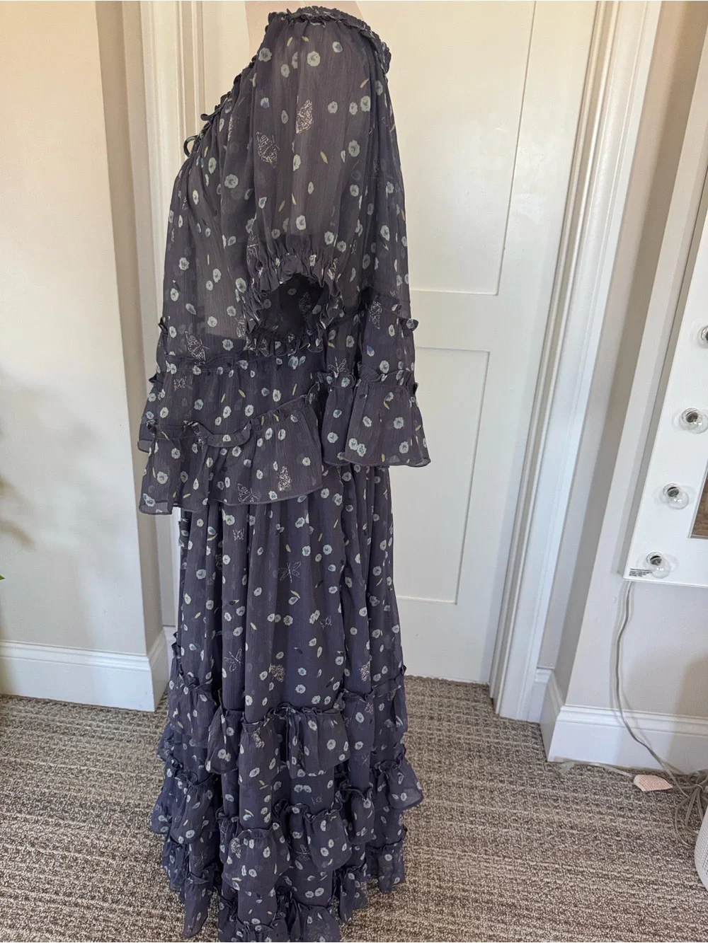 Free People Dusty Blue Floral Tiered two piece set- blouse and maxi skirt